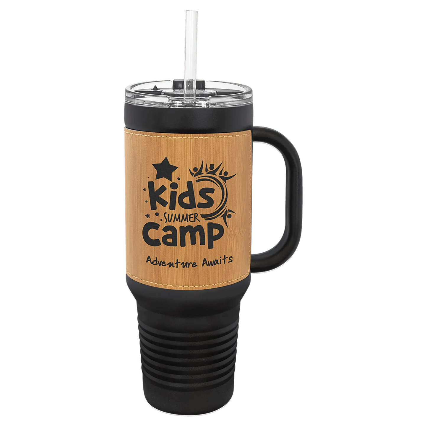 40 oz - Leather Wrapped - Travel Mug with Handle, Straw Included - Custom JDS