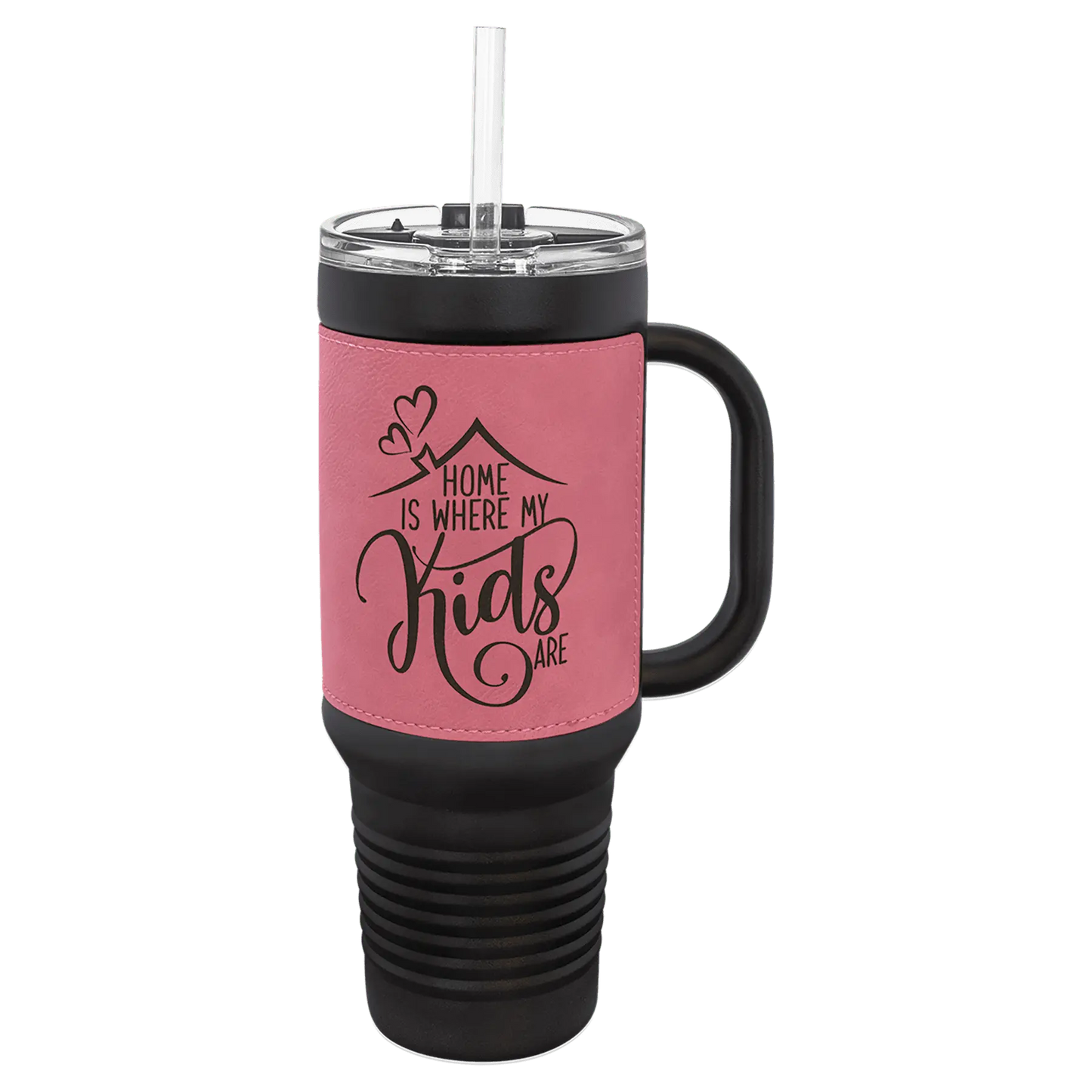 40 oz - Leather Wrapped - Travel Mug with Handle, Straw Included - Custom JDS