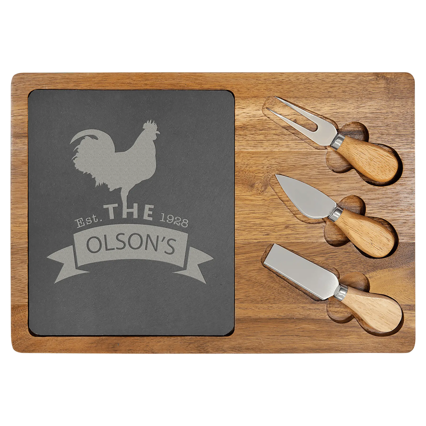 Acacia Wood/Slate Cheese Set with Three Tools - Custom JDS
