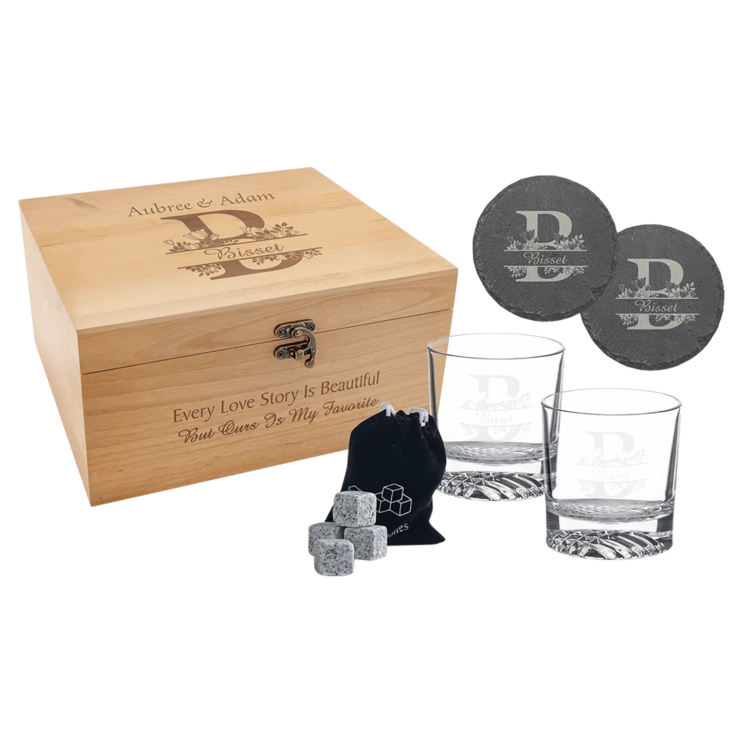 Premium Custom Etched Red Alder Whiskey Set with Slate Coasters and Granite Stones Smalltown Connetchin