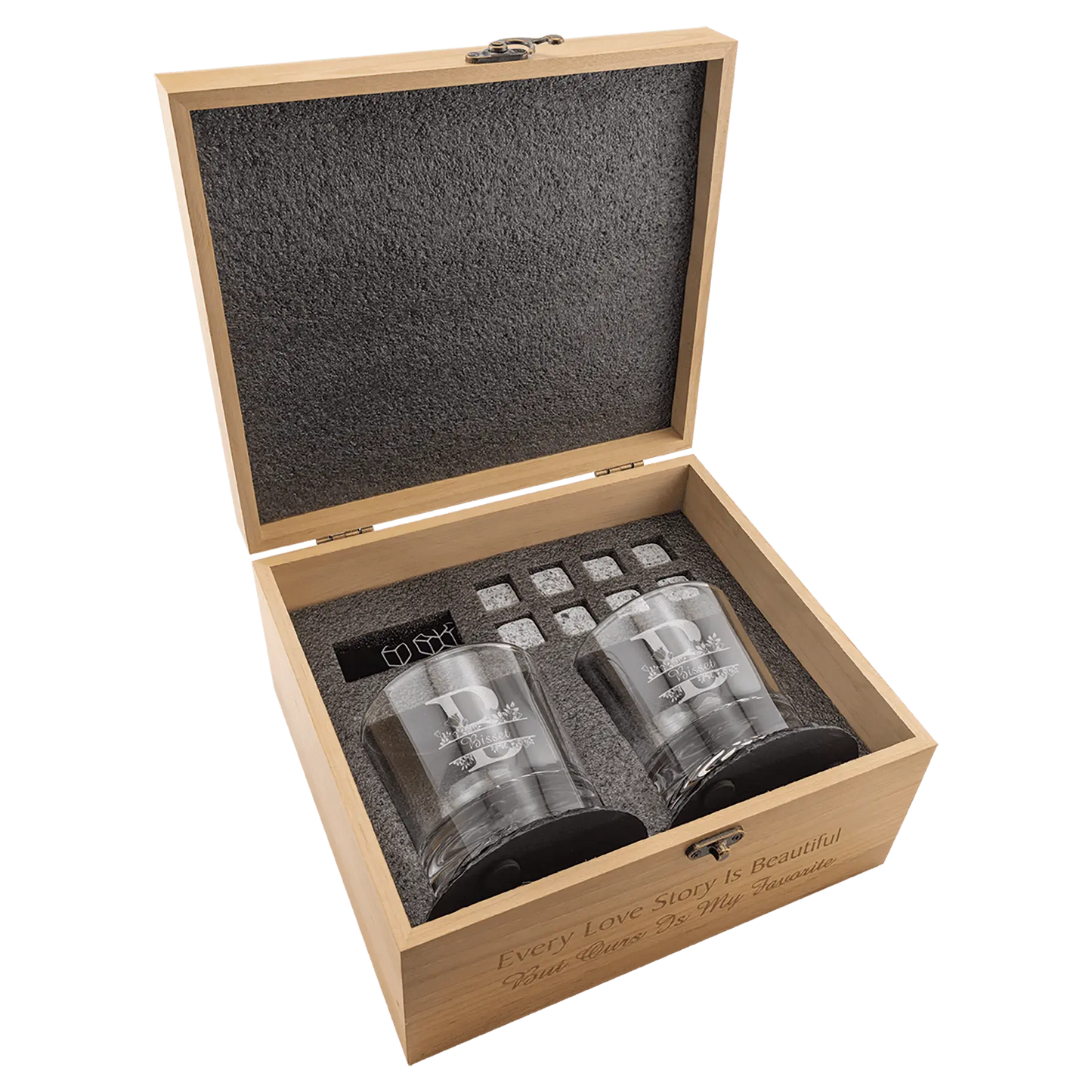 Premium Custom Etched Red Alder Whiskey Set with Slate Coasters and Granite Stones Smalltown Connetchin