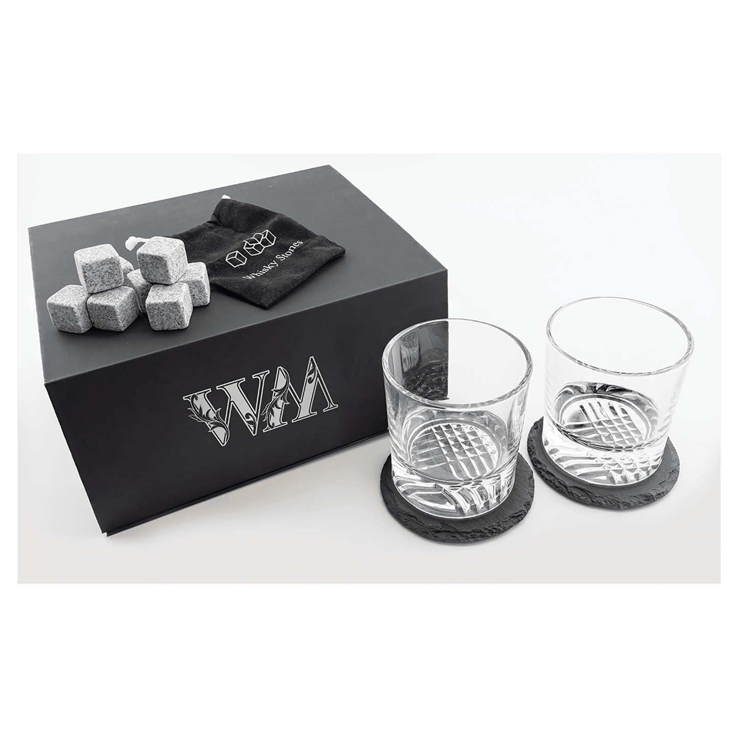 Lazerburst whiskey set with glasses, slate coasters, and whiskey stones