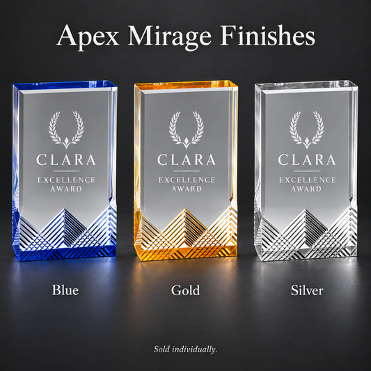Three rectangular award plaques labeled CLARA EXCELLENCE AWARD on a dark background, shown in blue, gold, and silver finishes. Text at the top reads Apex Mirage Finishes, and labels below each plaque read Blue, Gold, and Silver.