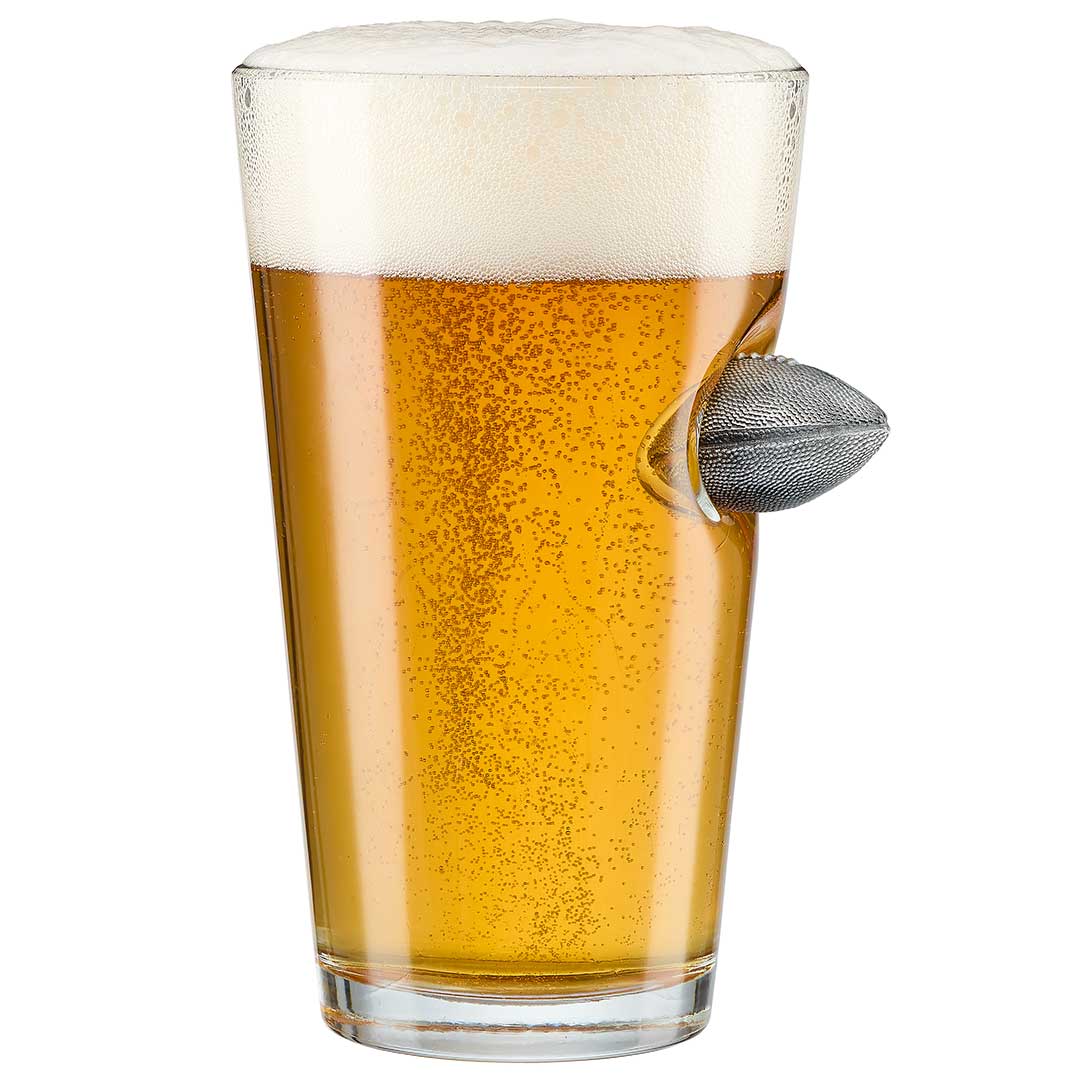 BenShot Football 16 oz Pint Glass with an embedded solid metal miniature football