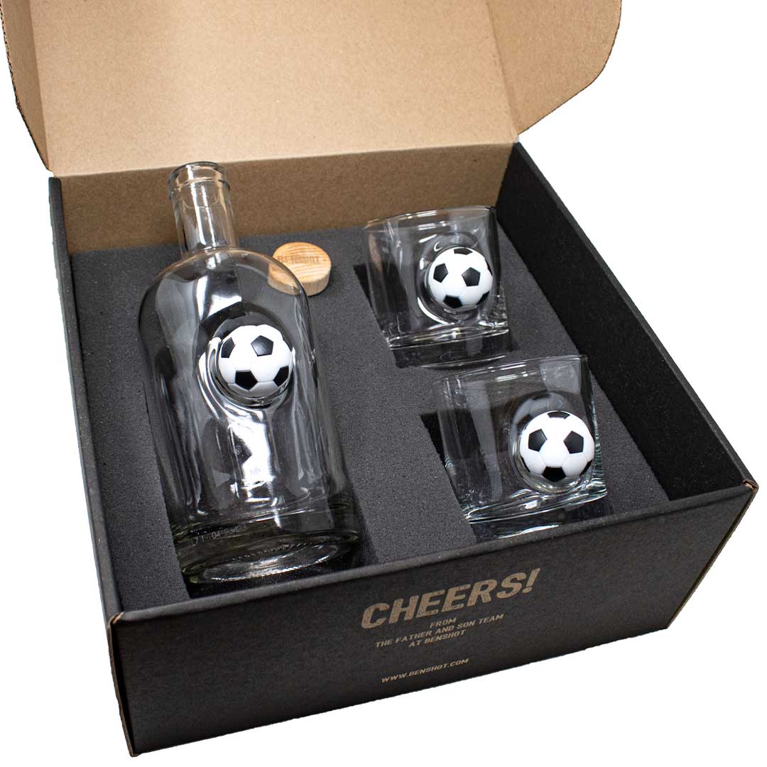 BenShot Soccer Ball 750 mL Decanter & Two Rocks Glass Gift Set