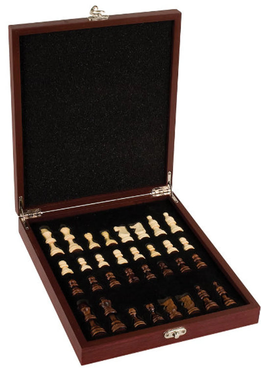 An open wooden chess set box with a dark mahogany finish, black velvet interior, and chess pieces arranged in rows. The box is shown open at an angle against a plain white background.
