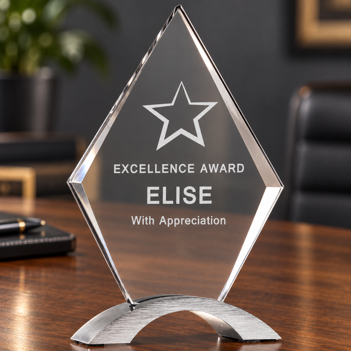 Diamond shaped Clear excellence award with "Elise" engraving