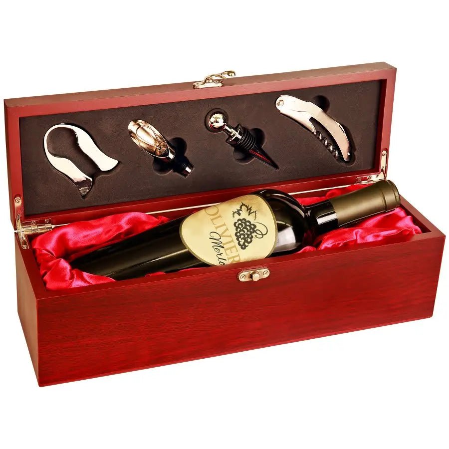 Custom Engraved Wine Case Rosewood Finish Single with Tools - Smalltown Connetchin