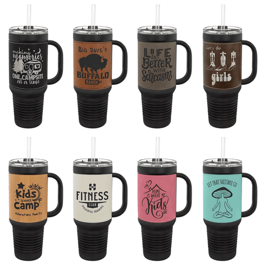 Custom Travel Mug - Laser Etched - 40 oz Leather Wrapped - Smalltown Connetchin