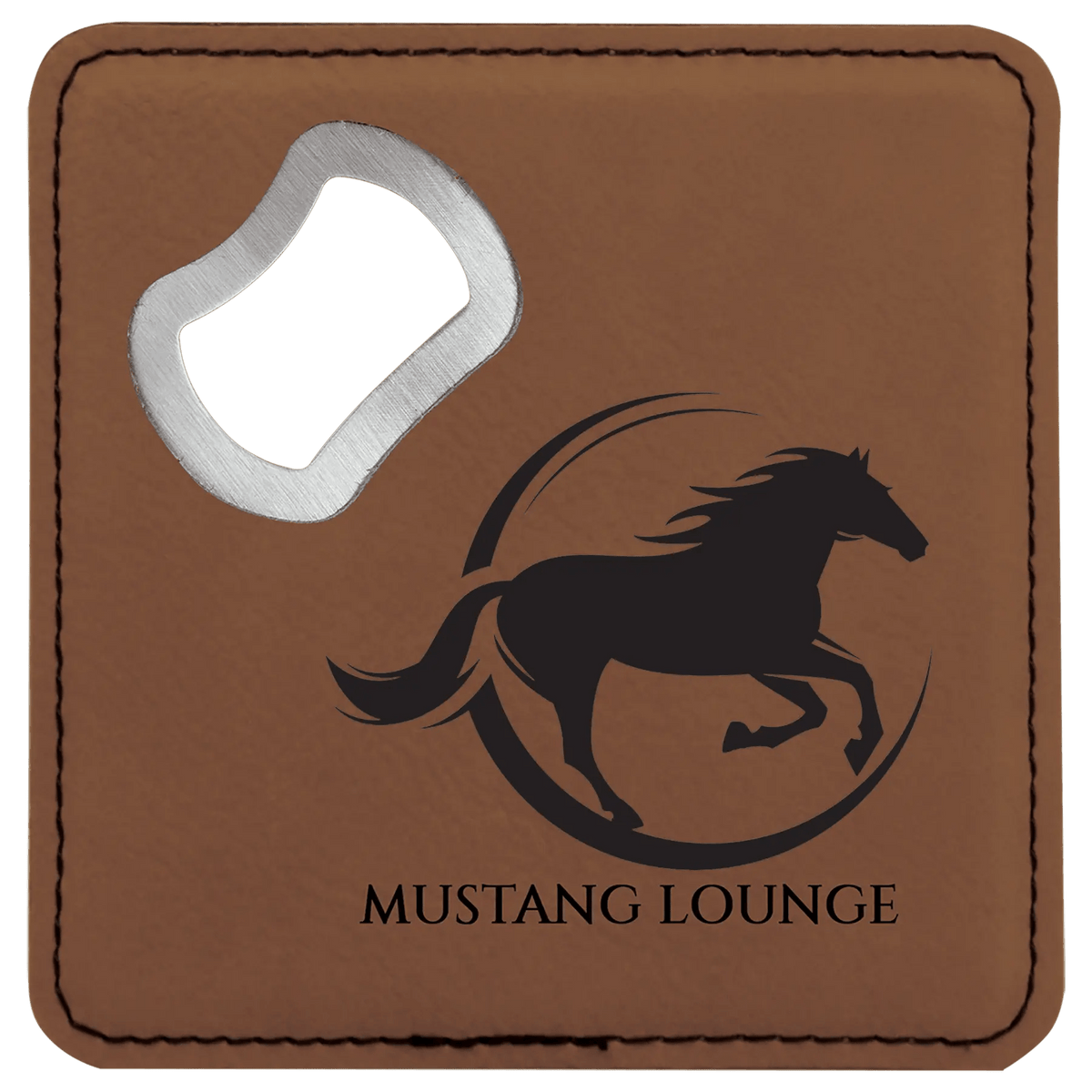 Brown square leatherette coaster with a built in metal bottle opener and personalized black galloping horse design labeled Mustang Lounge.