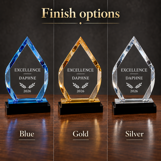 Fusion Diamond acrylic award finish comparison: blue, gold and silver