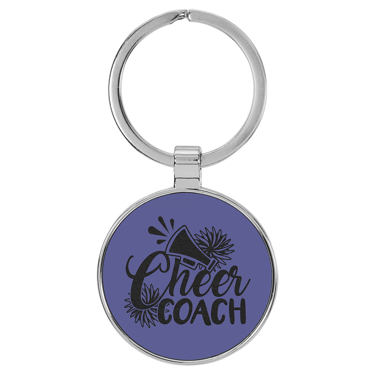 Purple personalized metal-frame round leatherette keychains with example engraving
