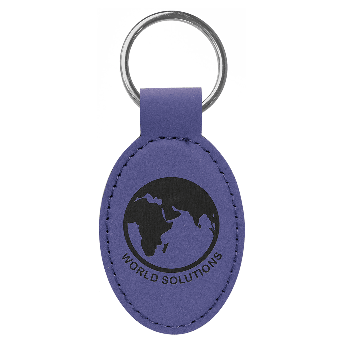 Purple personalized oval leatherette keychains with example engraving