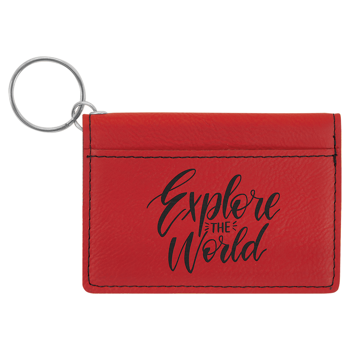 Red personalized leatherette id holder keychains with example engraving