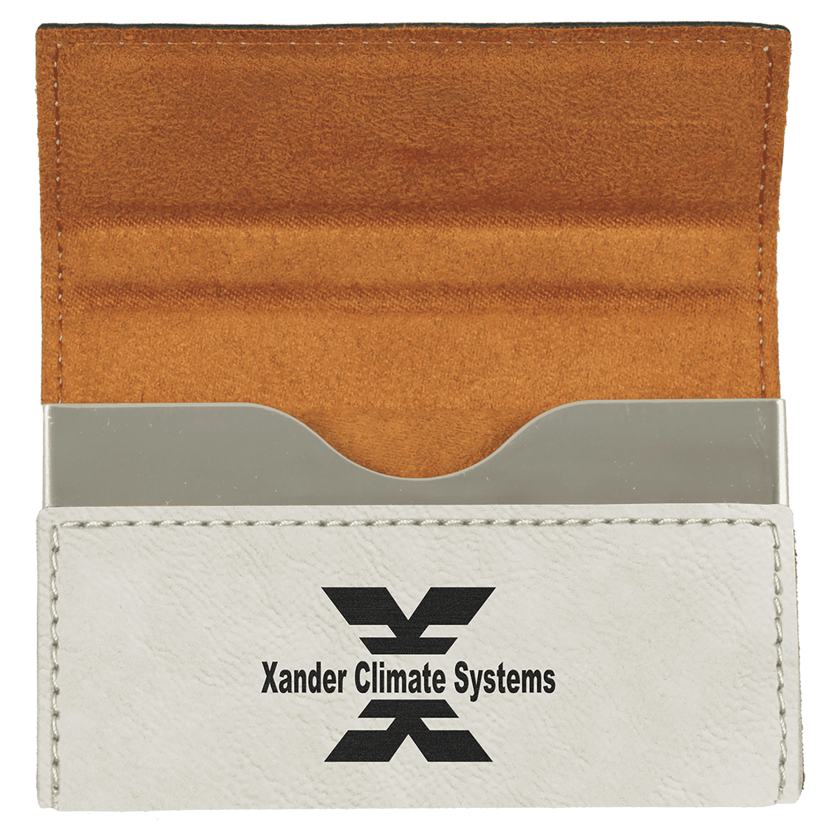 White personalized leatherette business card cases with example engraving