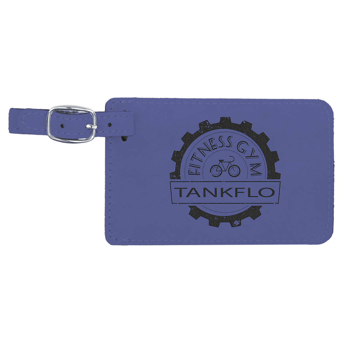 Purple personalized leatherette luggage tags with example engraving