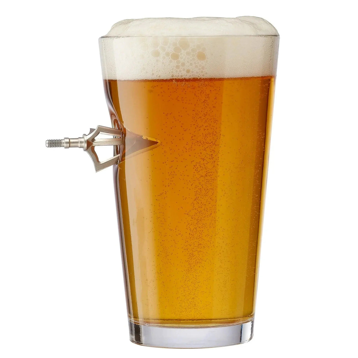 BenShot Broadhead 16 oz Pint Glass with an embedded fixed-blade broadhead