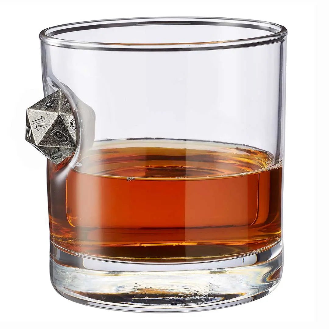 BenShot D20 Dice 11 oz Rocks Glass with an embedded solid metal D20 die