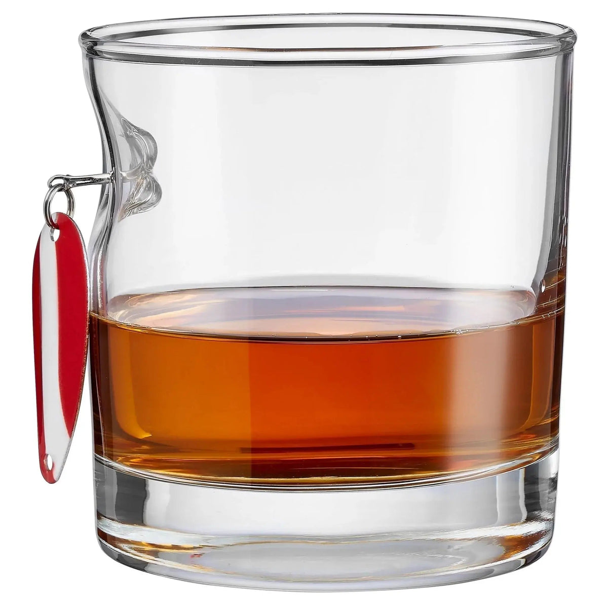 BenShot Fishing Lure 11 oz Rocks Glass with a red and white spoon fishing lure embedded in the glass