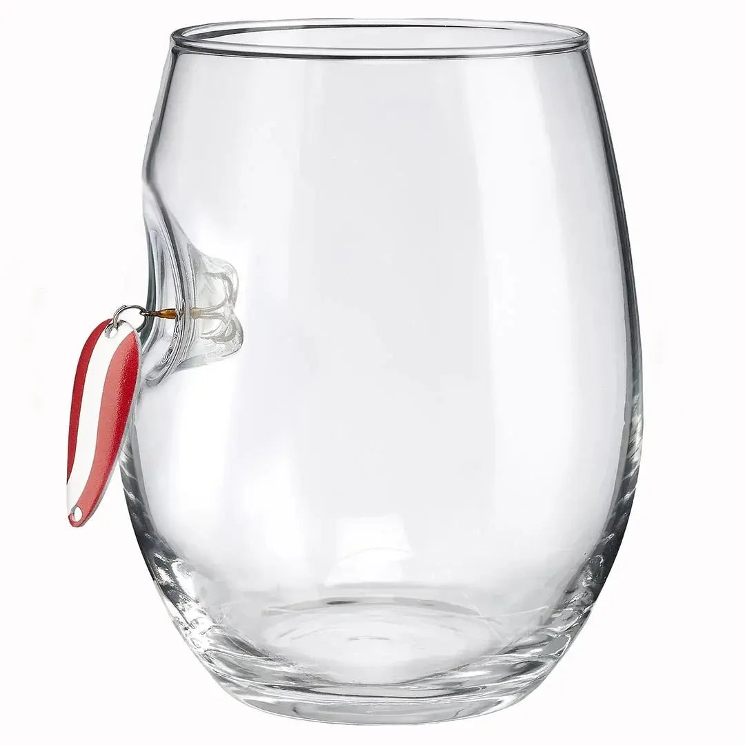 BenShot Fishing Lure 15 oz Wine Glass with a red and white spoon fishing lure embedded in the glass
