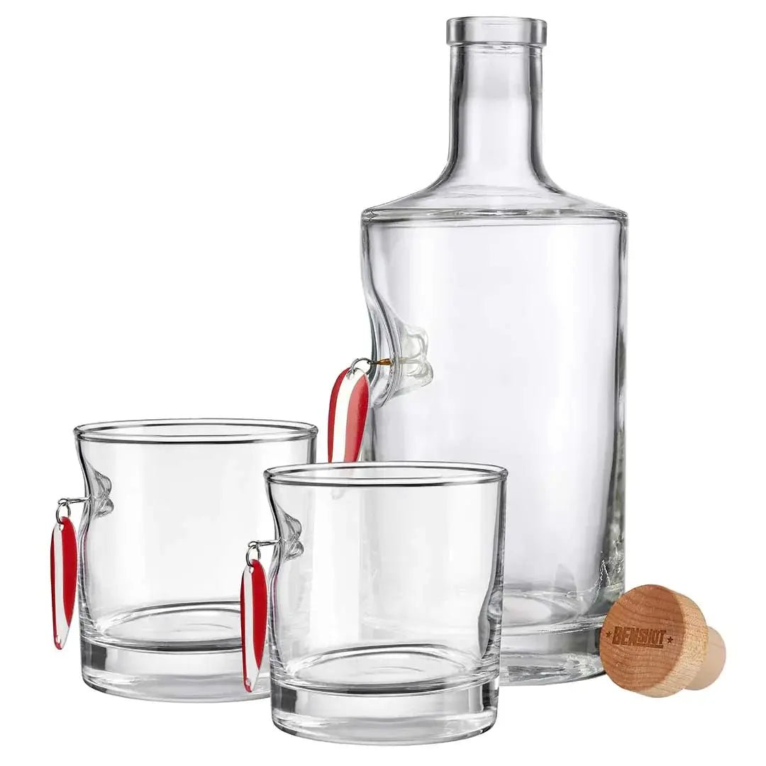 BenShot Fishing Lure 750 mL Decanter & Two Rocks Glass Gift Set with a red and white spoon fishing lure embedded in the glass