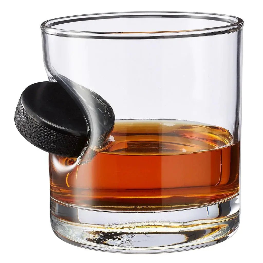 BenShot hockey puck 11 oz rocks glass with embedded miniature hockey puck