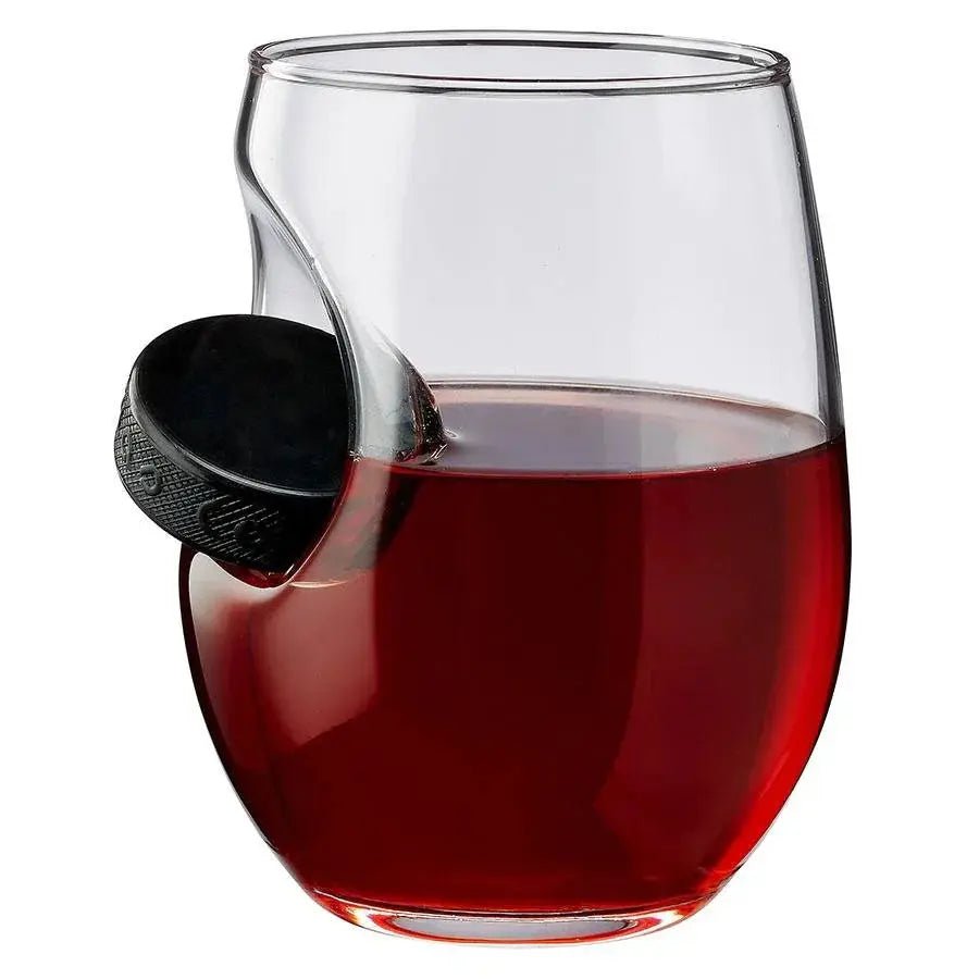 BenShot hockey puck 15 oz wine glass with embedded miniature hockey puck
