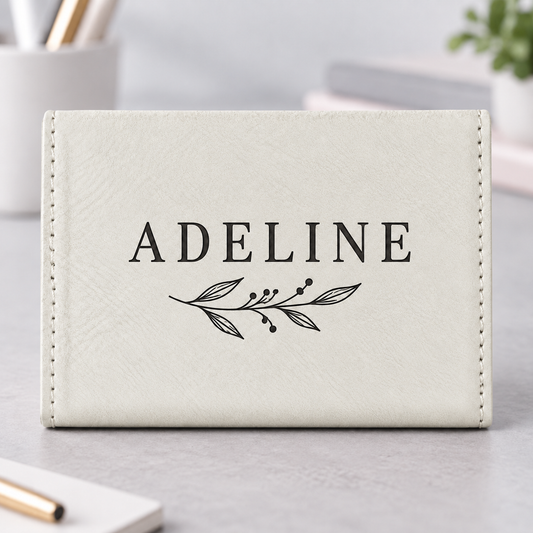 White leatherette business card case, large back panel engraved ADELINE, premium desk hero.