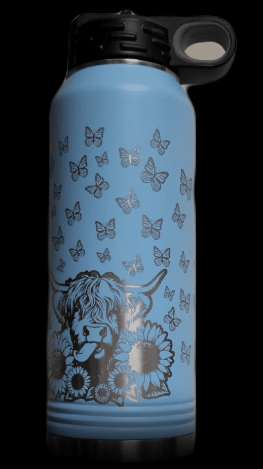 Highland Cow and Butterflies Bottle - Multiple Sizes, Colors, and Laser Customization - Smalltown Connetchin