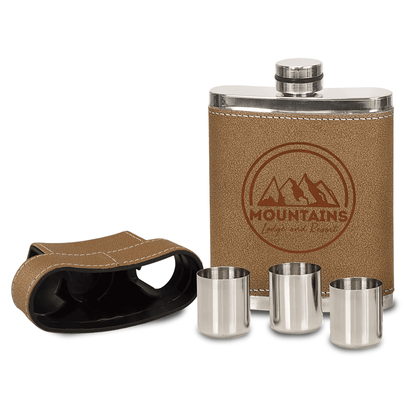 Laser Etched Flask - Leather Wrapped with Lid and 3 Shot Glasses 7 oz. - Smalltown Connetchin