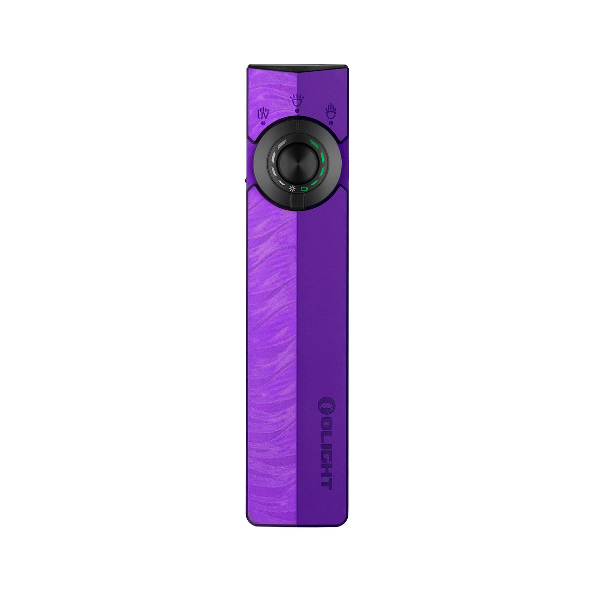 Olight purple EDC flashlight with a slim rectangular body, circular side switch, textured finish, and vertical branding shown on a white background