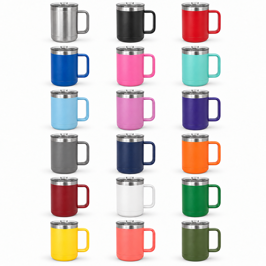 Eighteen coffee mug finishes arranged in rows, with matching handles, stainless rims and clear lids.