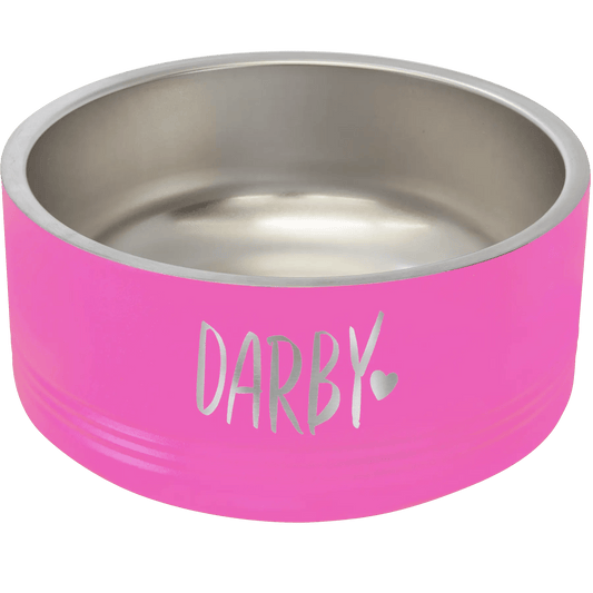 Pink pet bowl with 'Darby' printed on it against a white background