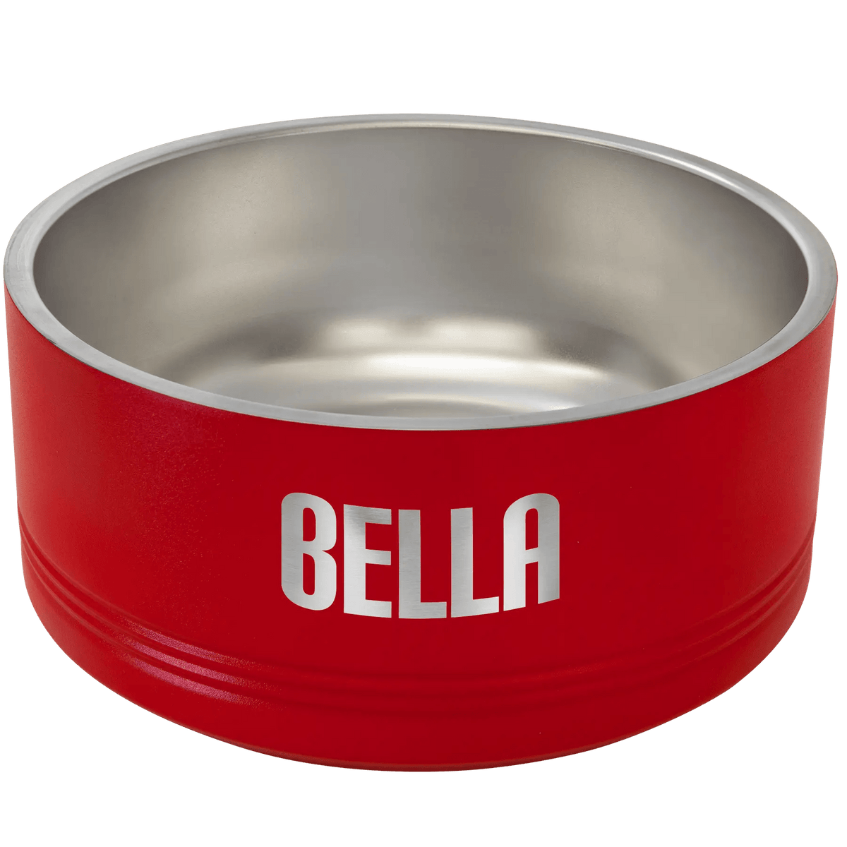 Red dog bowl with 'Bella' branding on a transparent background