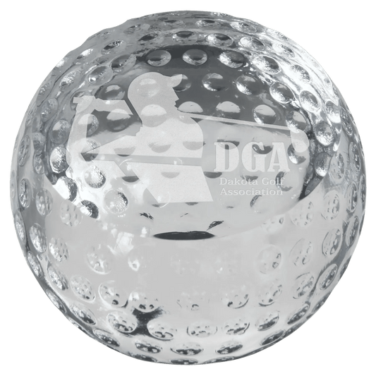 Clear crystal golf ball paperweight with textured dimples and etched DGA Dakota Golf Association logo, designed as a distinctive golf award or desk display piece