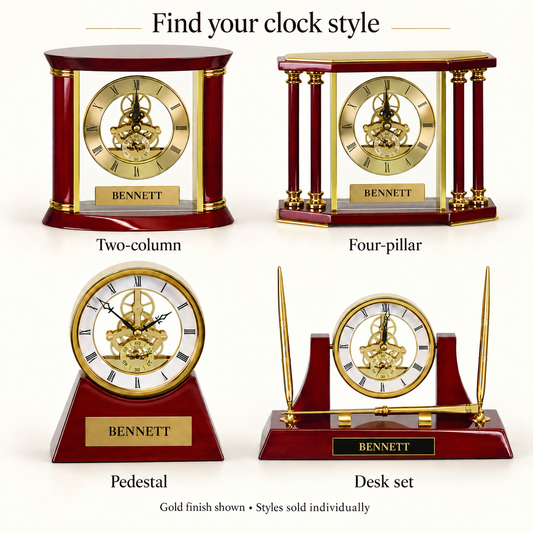 Four clock style options labeled Two-column, Four-pillar, Pedestal, and Desk set, each showing a decorative tabletop clock with a red wood-look body, gold-tone details, and a brass nameplate reading BENNETT on a white background.