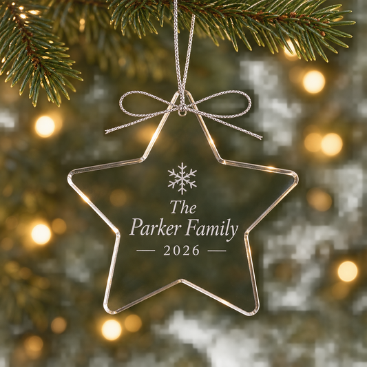 A personalized silver wire star Christmas ornament hanging from a pine branch, with the text 'The Parker Family 2026' and a snowflake design, against a blurred festive background with warm bokeh lights.
