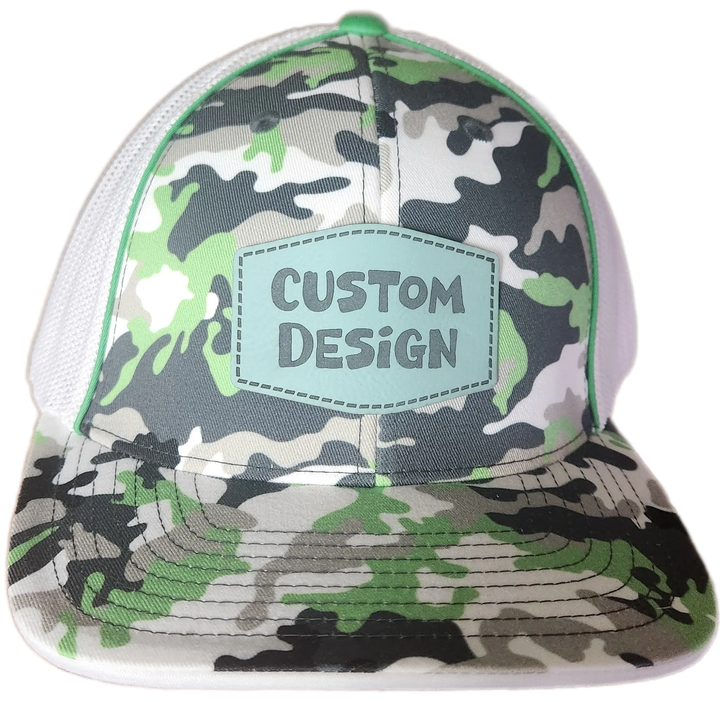 Custom Patch - Pacific Headwear Glamo Mesh Flex Fit Trucker Cap - GREEN/WHITE/BLACK/CAMO