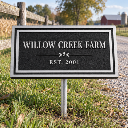 A rectangular black memorial-style yard sign with a silver border and metal stake, reading “WILLOW CREEK FARM” and “EST. 2001,” photographed outdoors in grass near a gravel path and fence.