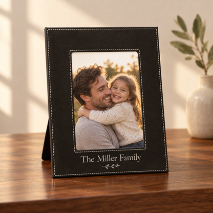 A black personalized photo frame with white stitching and the text 'The Miller Family' at the bottom, standing on a wooden table in a warm indoor setting.