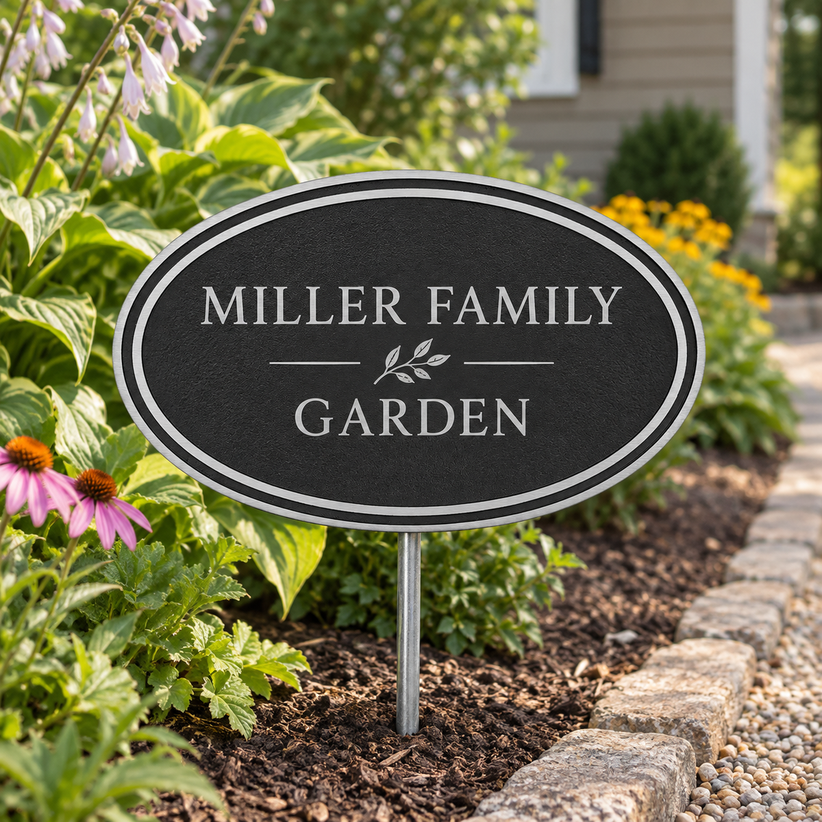 Personalized black oval cast aluminum Miller Family Garden sign installed among flowers