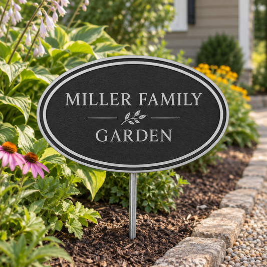 Personalized black oval cast aluminum Miller Family Garden sign installed among flowers