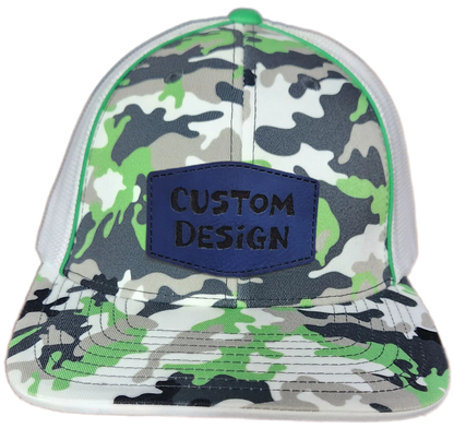 Custom Patch - Pacific Headwear Glamo Mesh Flex Fit Trucker Cap - GREEN/WHITE/BLACK/CAMO