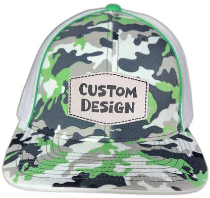 Custom Patch - Pacific Headwear Glamo Mesh Flex Fit Trucker Cap - GREEN/WHITE/BLACK/CAMO