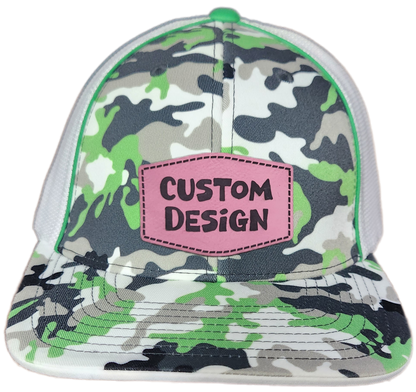 Custom Patch - Pacific Headwear Glamo Mesh Flex Fit Trucker Cap - GREEN/WHITE/BLACK/CAMO