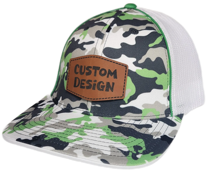 Custom Patch - Pacific Headwear Glamo Mesh Flex Fit Trucker Cap - GREEN/WHITE/BLACK/CAMO