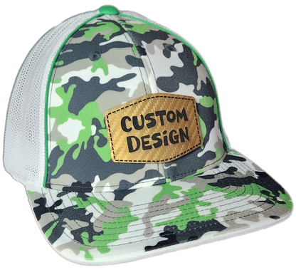 Custom Patch - Pacific Headwear Glamo Mesh Flex Fit Trucker Cap - GREEN/WHITE/BLACK/CAMO