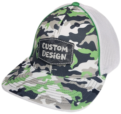 Custom Patch - Pacific Headwear Glamo Mesh Flex Fit Trucker Cap - GREEN/WHITE/BLACK/CAMO