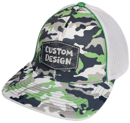 Custom Patch - Pacific Headwear Glamo Mesh Flex Fit Trucker Cap - GREEN/WHITE/BLACK/CAMO