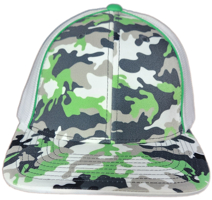 Custom Patch - Pacific Headwear Glamo Mesh Flex Fit Trucker Cap - GREEN/WHITE/BLACK/CAMO